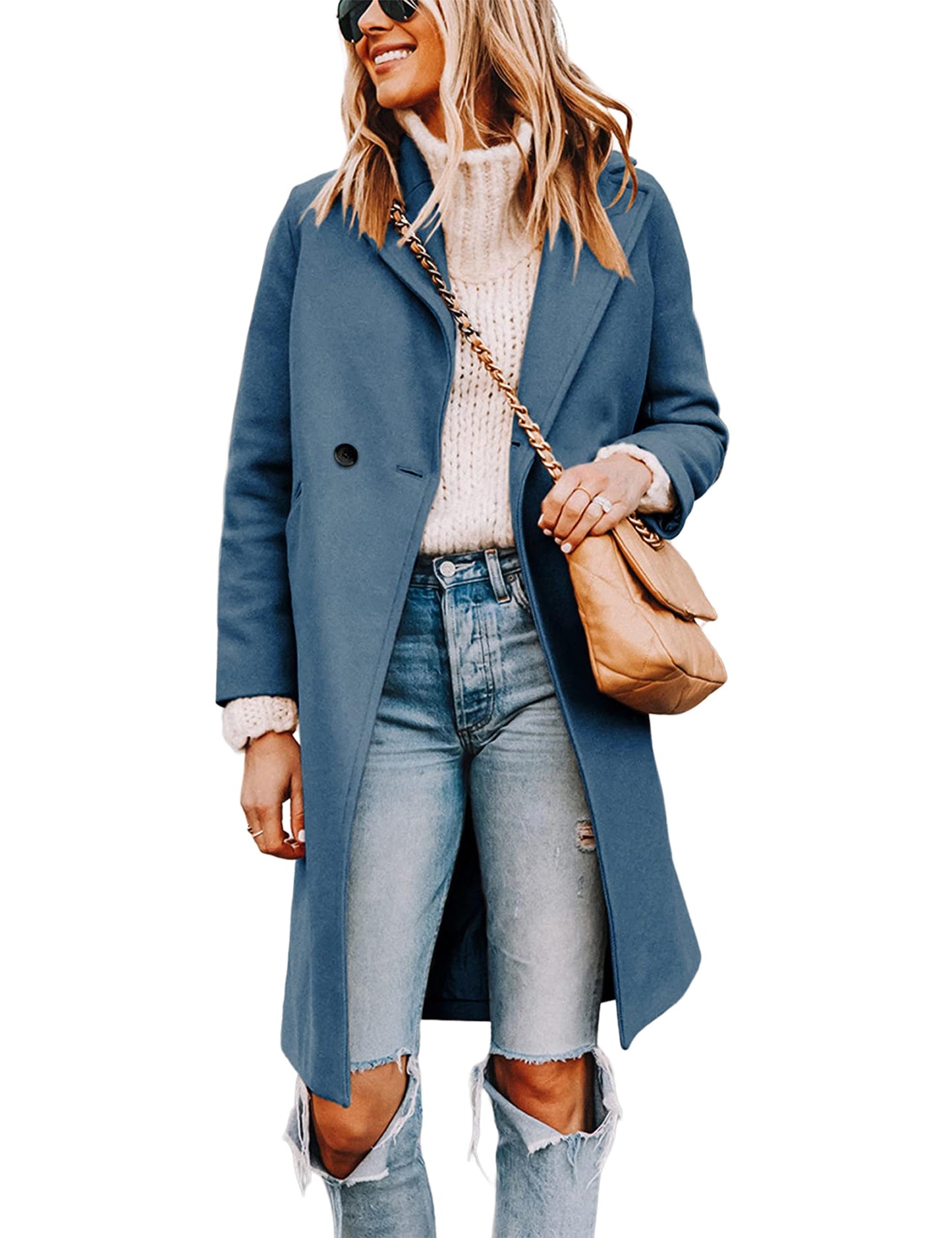 Wool Blend Pea Coat - Double Breasted Mid Length Trench Coat for Women Blue