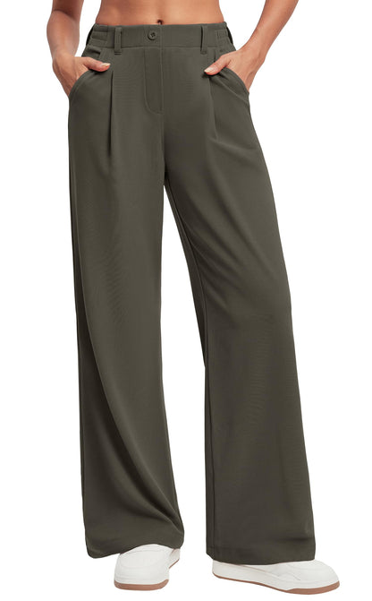 Women's Wide Leg Work Pants - Stretchy Pull-On Business Casual Trousers with Pockets