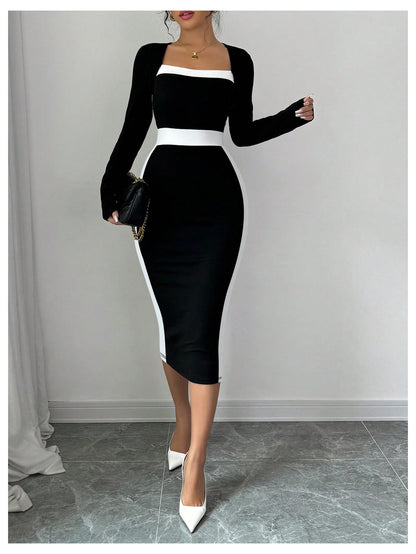 Women Midi Dress - Color Block Square Neck Long Sleeve Bodycon Dress