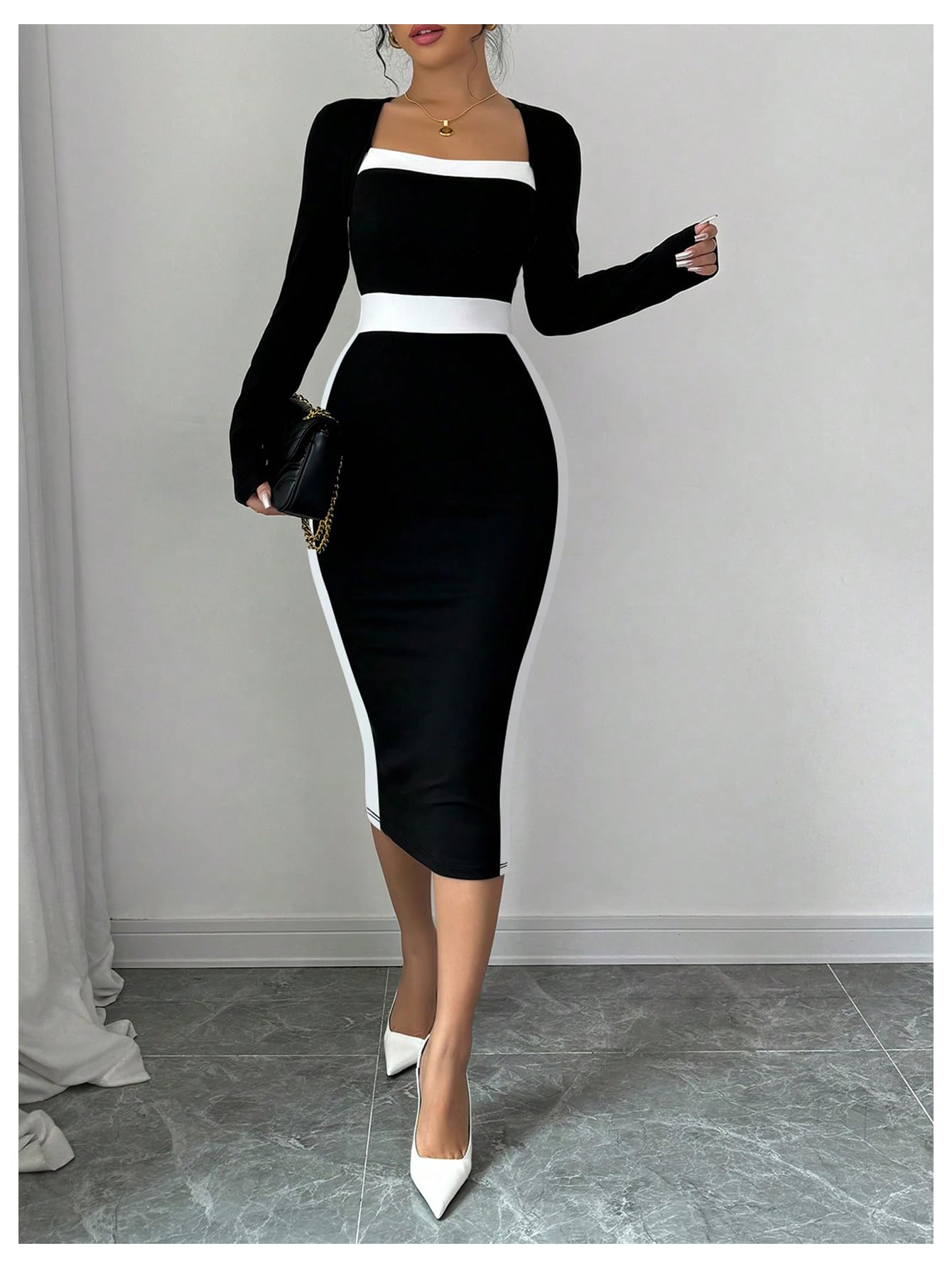 Women Midi Dress - Color Block Square Neck Long Sleeve Bodycon Dress