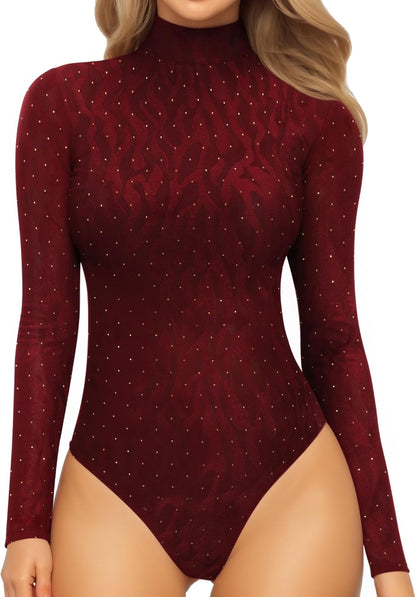 Mock Turtleneck Bodysuit - Long Sleeve Fitted Top with Snap Closure 03 Sparkly Zebra Print Burgundy