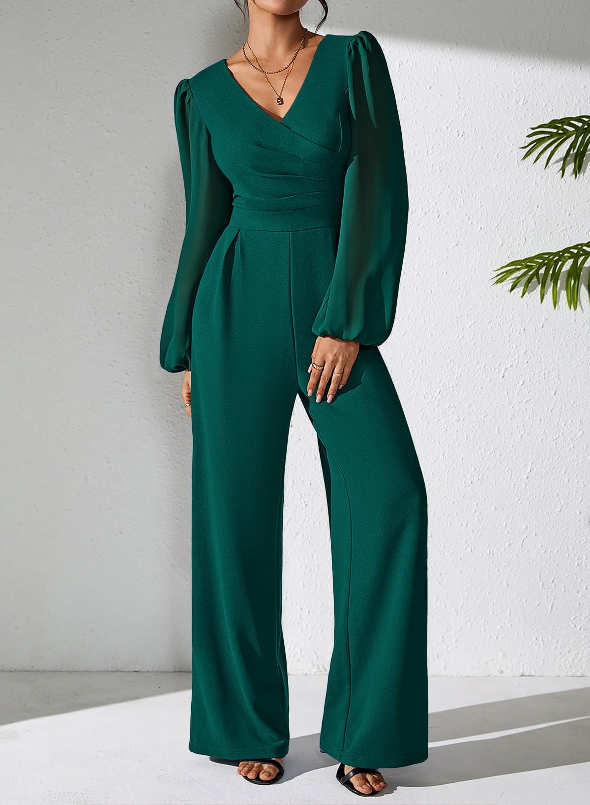 Pink Queen Jumpsuits for Women Dressy Patchwork Chiffon Sleeve V Neck Wide Leg Romper Holiday Party Outfits