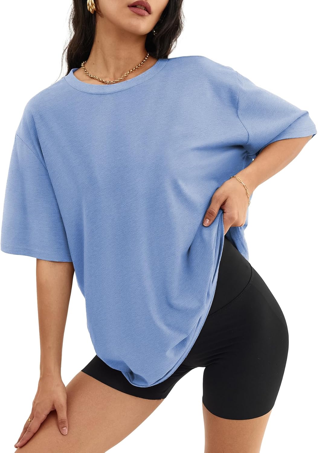 Women's Oversized T Shirts - Loose Fit Crewneck Short Sleeve Casual Tops Skyblue