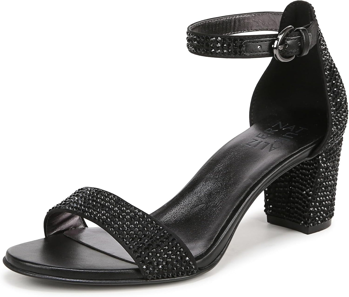 Heeled Sandals for Women - Block Heel Dress Sandals with Ankle Strap Black Glitz