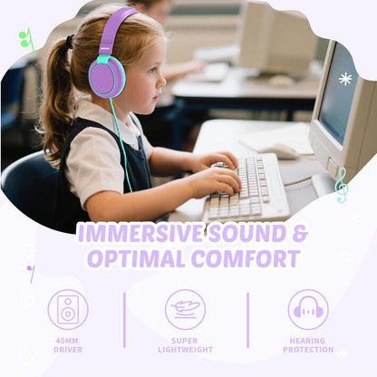 Kids Headphones Volume Limited 85/94dB - Wired Over-Ear Foldable Headset with Microphone Pink