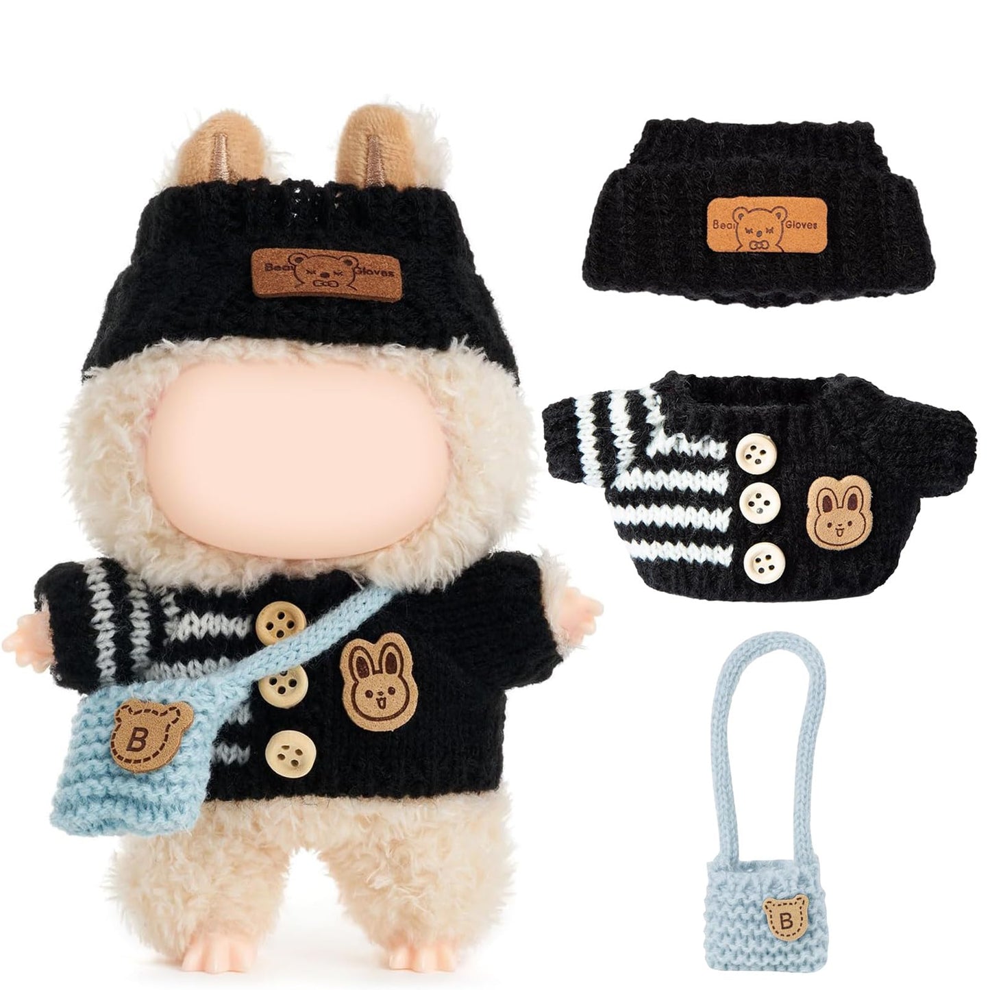 3 Piece Handmade Crochet Outfit for 17cm Dolls - Heart Sweater Hat & Bag Set Bunny - Black