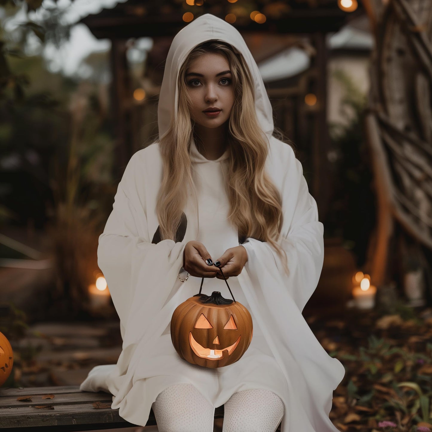 Ghost Poncho Costume for Women - Halloween Hooded Cape Outfit