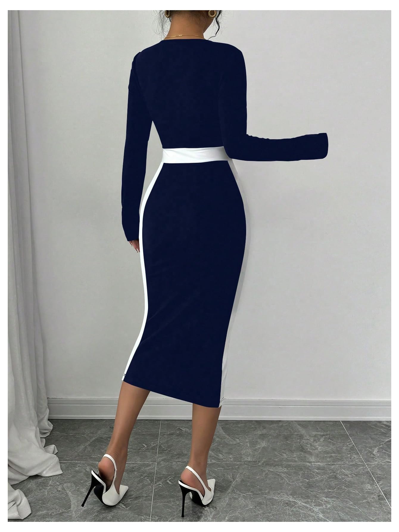 Women Midi Dress - Color Block Square Neck Long Sleeve Bodycon Dress