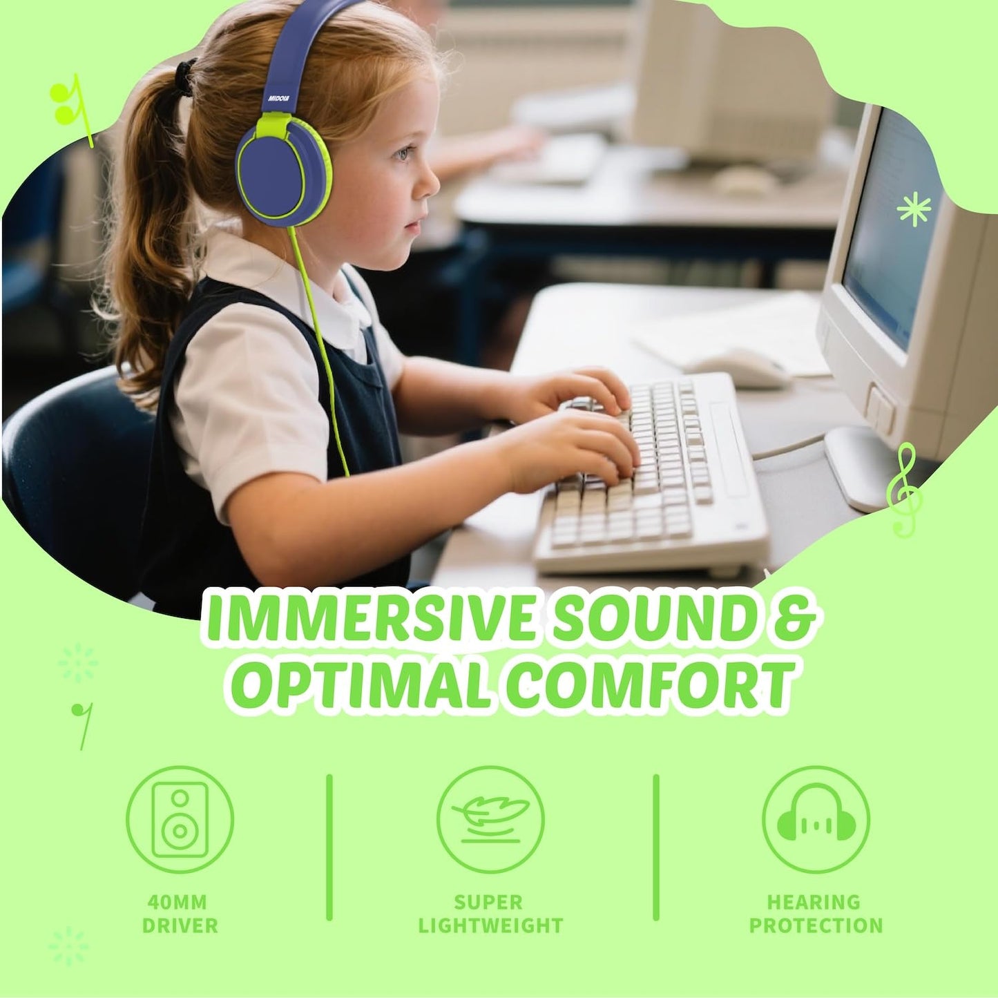 Kids Headphones Volume Limited 85/94dB - Wired Over-Ear Foldable Headset with Microphone Pink