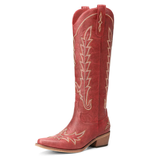 Rivalran Red Cowboy Boots for Women - Wide Calf Knee High Pointed Toe Chunky Heel Pull On Zipper Western Cowgirl Boots, Retro Country Vintage Fashion Tall Boots US Size 8