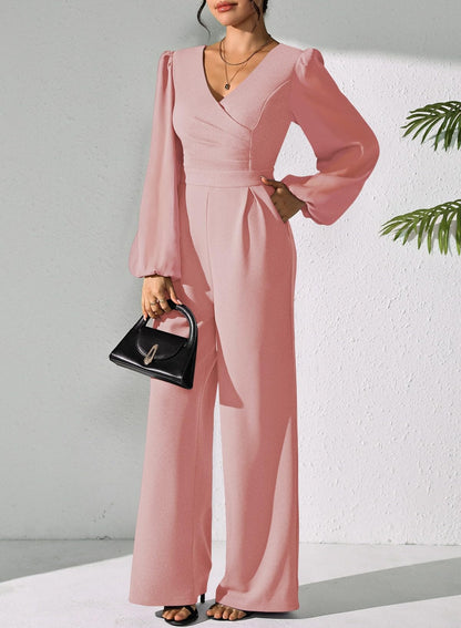 Pink Queen Jumpsuits for Women Dressy Patchwork Chiffon Sleeve V Neck Wide Leg Romper Holiday Party Outfits