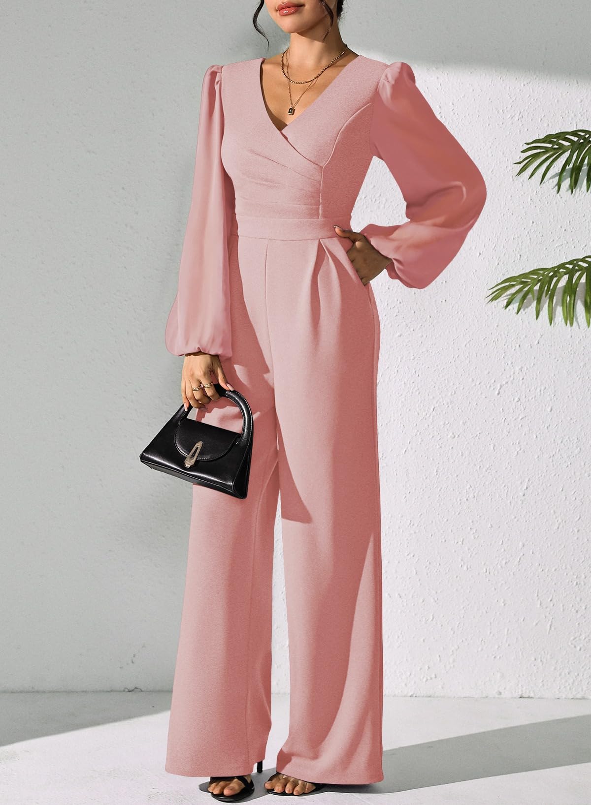 Pink Queen Jumpsuits for Women Dressy Patchwork Chiffon Sleeve V Neck Wide Leg Romper Holiday Party Outfits