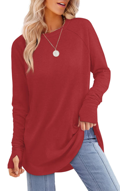 Tunic Top with Thumb Holes for Women - Long Sleeve Shirt with Curved Hem