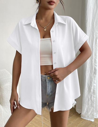 Women's Short Sleeve Button Down Shirt - Summer V-Neck Blouse for Work and Casual