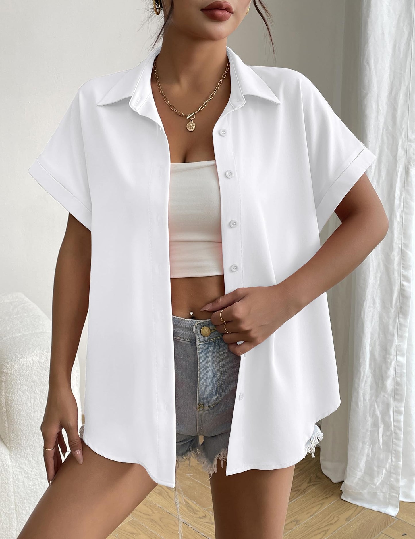 Women's Short Sleeve Button Down Shirt - Summer V-Neck Blouse for Work and Casual