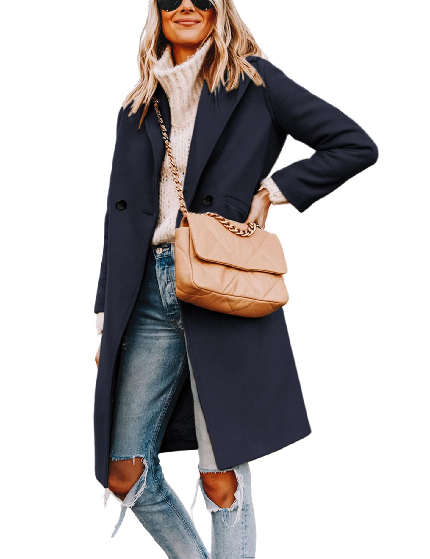 Wool Blend Pea Coat - Double Breasted Mid Length Trench Coat for Women Navy Blue