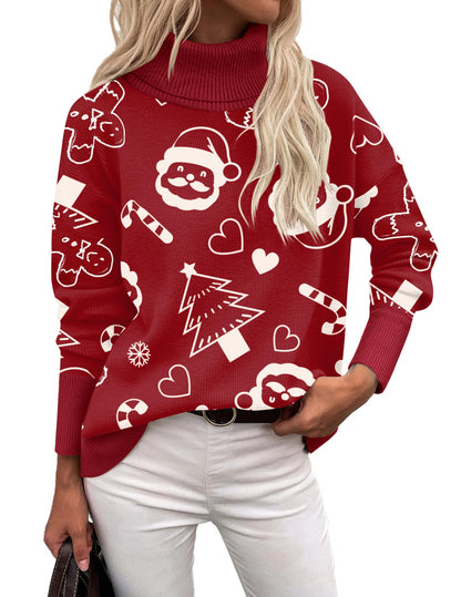 Orange Turtleneck Sweater - Turtleneck Sweater for Women - Chunky Knit Pullover with High Low Hem Christmas Pattern