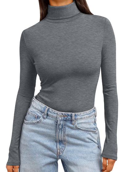 Women's Turtleneck Long Sleeve Shirts - Basic Thermal Underwear Tops Grey