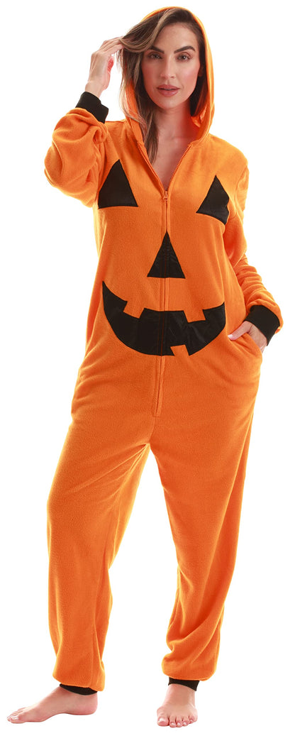 Adult Onesie Pajamas Costume - Cozy Fleece Jumpsuit for Women Men Pumpkin