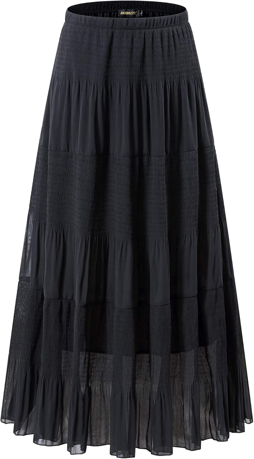 Chiffon Maxi Skirt for Women - High Waist Pleated A-Line Flared Long Skirt Black