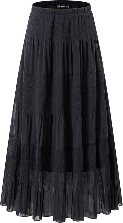 Chiffon Maxi Skirt for Women - High Waist Pleated A-Line Flared Long Skirt