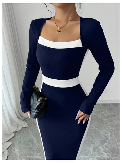 Women Midi Dress - Color Block Square Neck Long Sleeve Bodycon Dress
