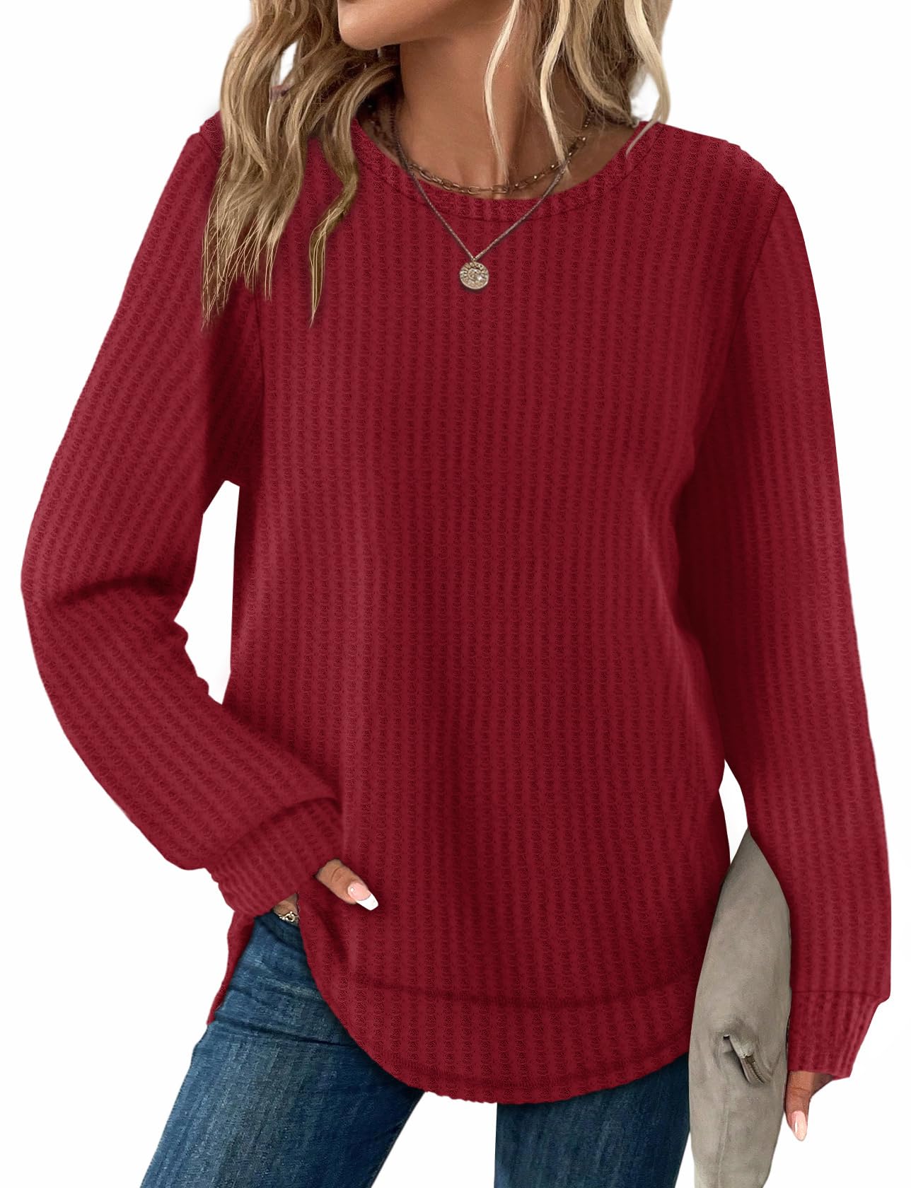 Women's Tunic Tops - Loose Fit Waffle Knit Long Sleeve Crewneck Sweaters
