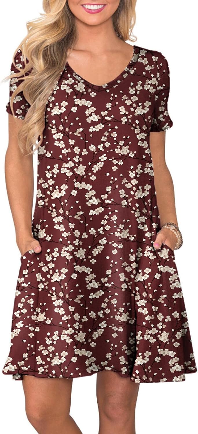 Women's Casual T-Shirt Dress Short Sleeve Summer Swing Dress with Pockets Plum Blossom Floral