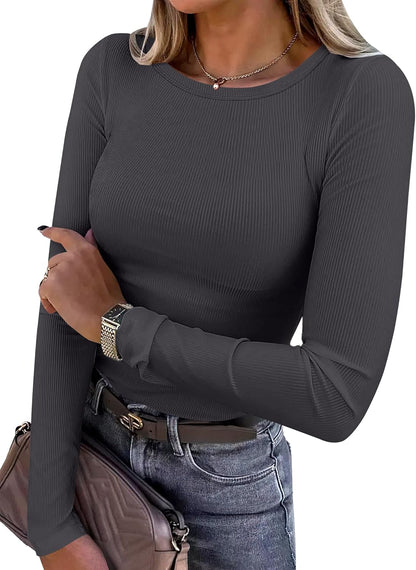 Women's Long Sleeve Rib Knit Shirt Slim Fit Crew Neck Basic Tee Charcoal