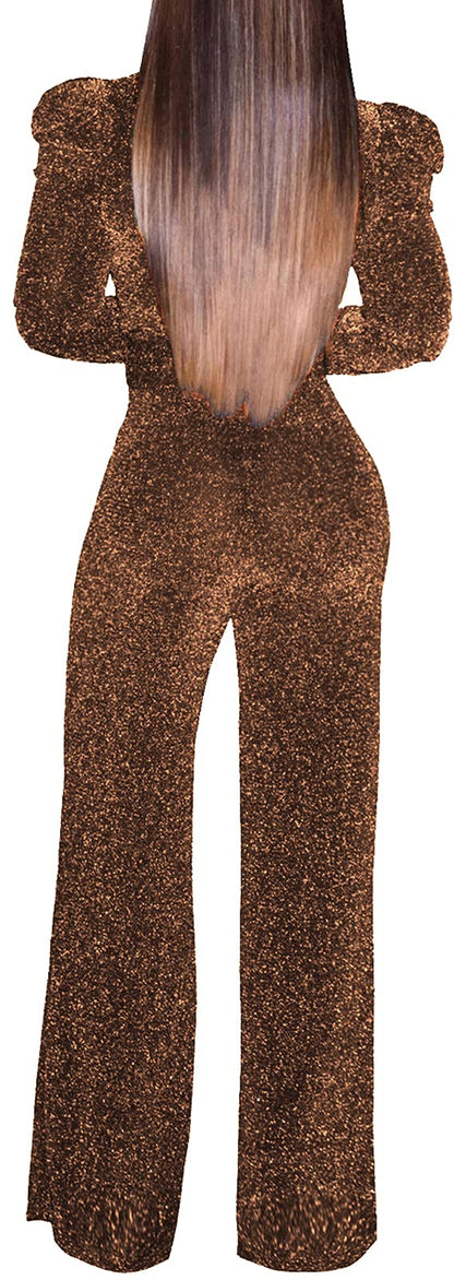 Women's Sparkly Jumpsuits Sexy Long Sleeve Cocktail Elegant Mock Neck Bodycon Straight Long Pants Rompers with Pockets