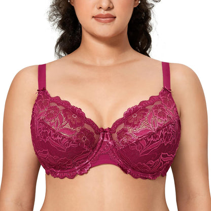 Plus Size Full Coverage Bra - Lace Underwire Unlined Bra Up to J Cup 44F Eggplant