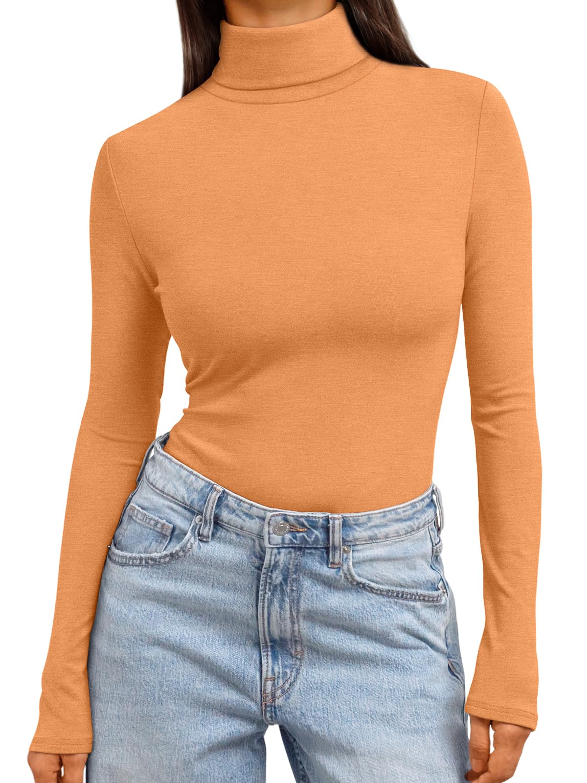 Women's Turtleneck Long Sleeve Shirts - Basic Thermal Underwear Tops Orange