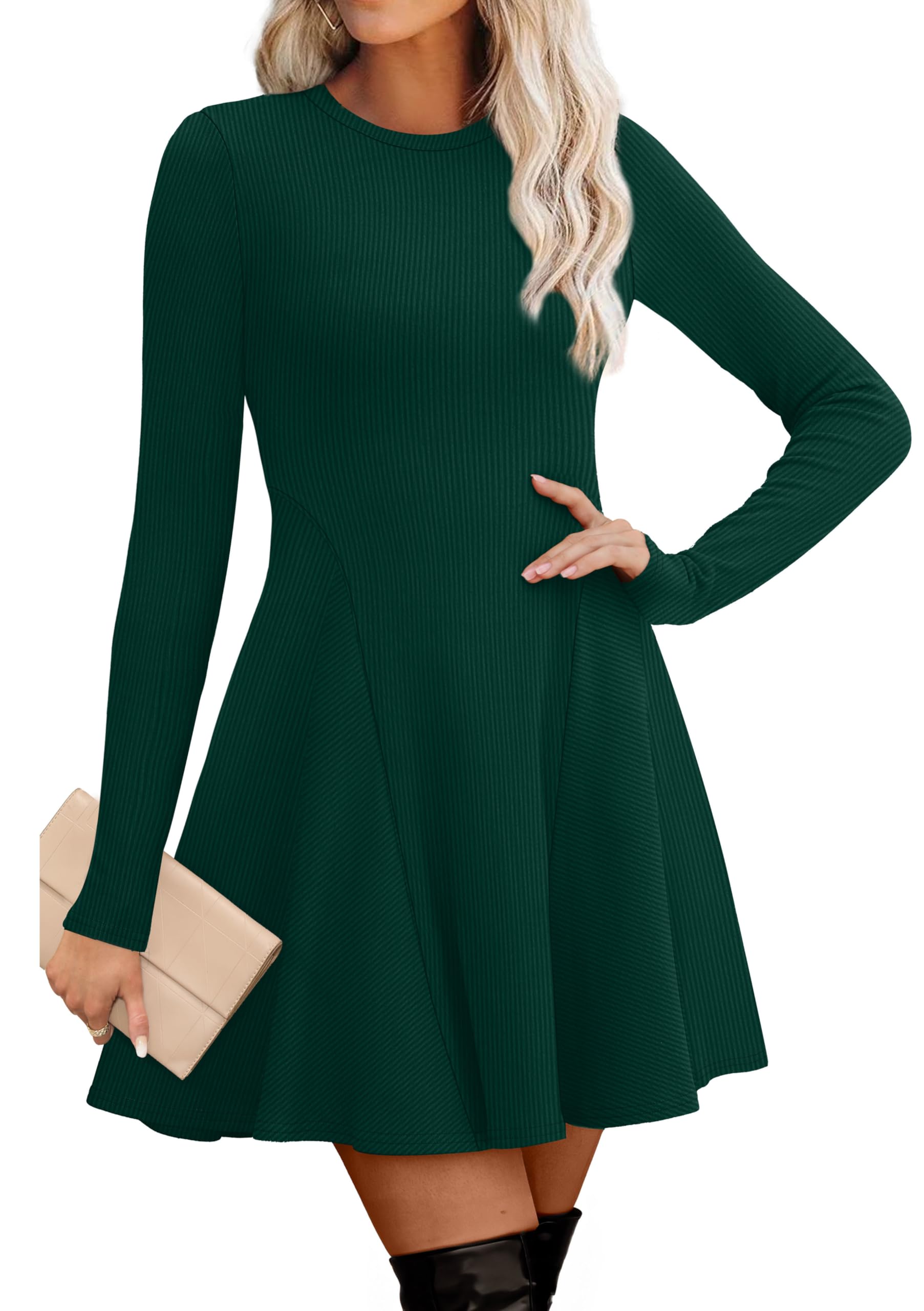 fit and flare sweater dress long sleeve CHARTOU Women Basic Sweater Dress Long Sleeve Pleated Flared Knitted Short Dresses (X-Small, Black) at Amazon Women's Clothing store