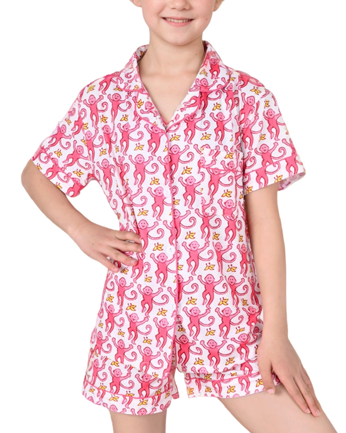 Roller Rabbit Pajamas Kids - Girls Summer 2 Piece Set - Button Down Top and Shorts Pink