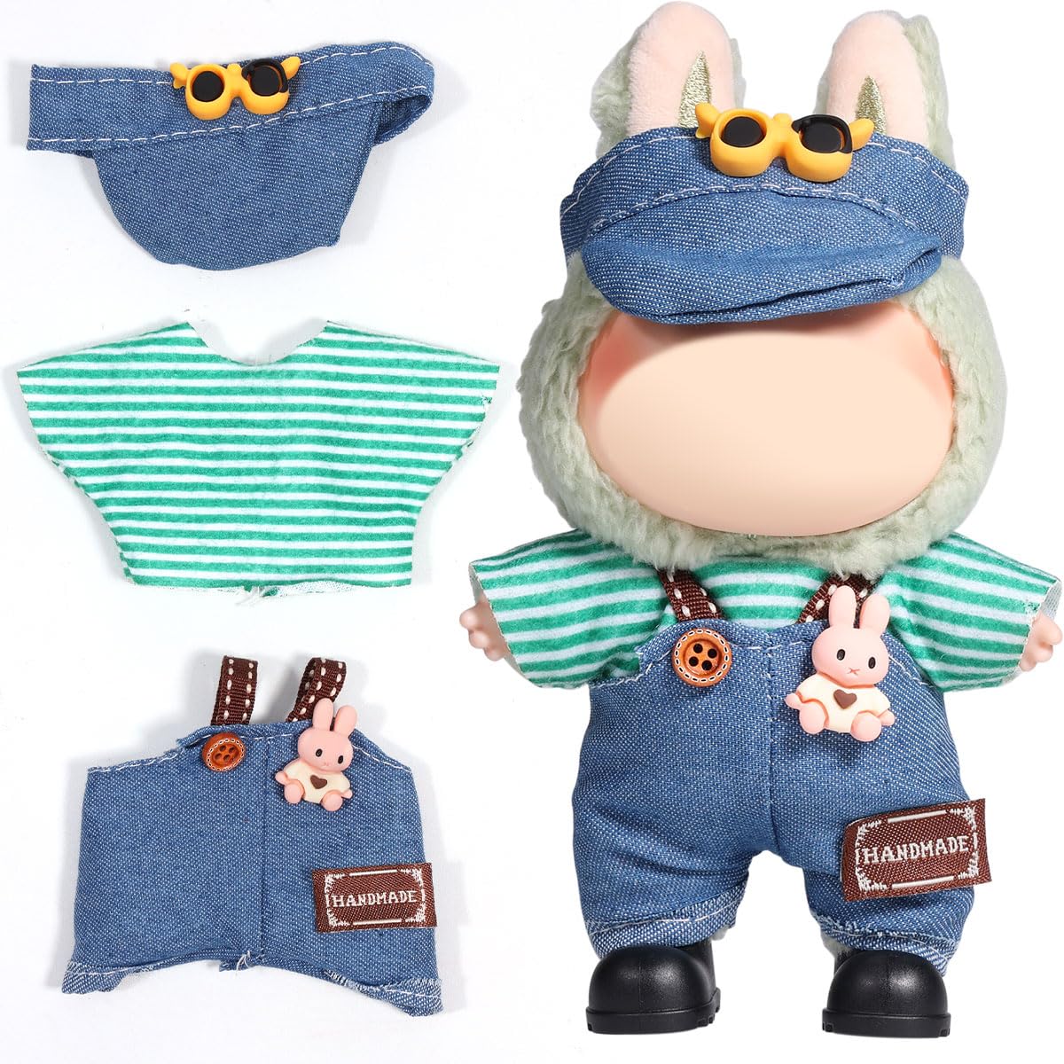 3 Piece Doll Clothes Set for 17cm Dolls - Handmade Crochet Outfit with Hat Forest denim(hat+T-shirt+overalls)