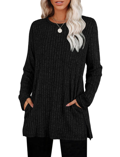 Women's Crewneck Sweater with Pockets - Long Sleeve Tunic Top with Side Slits