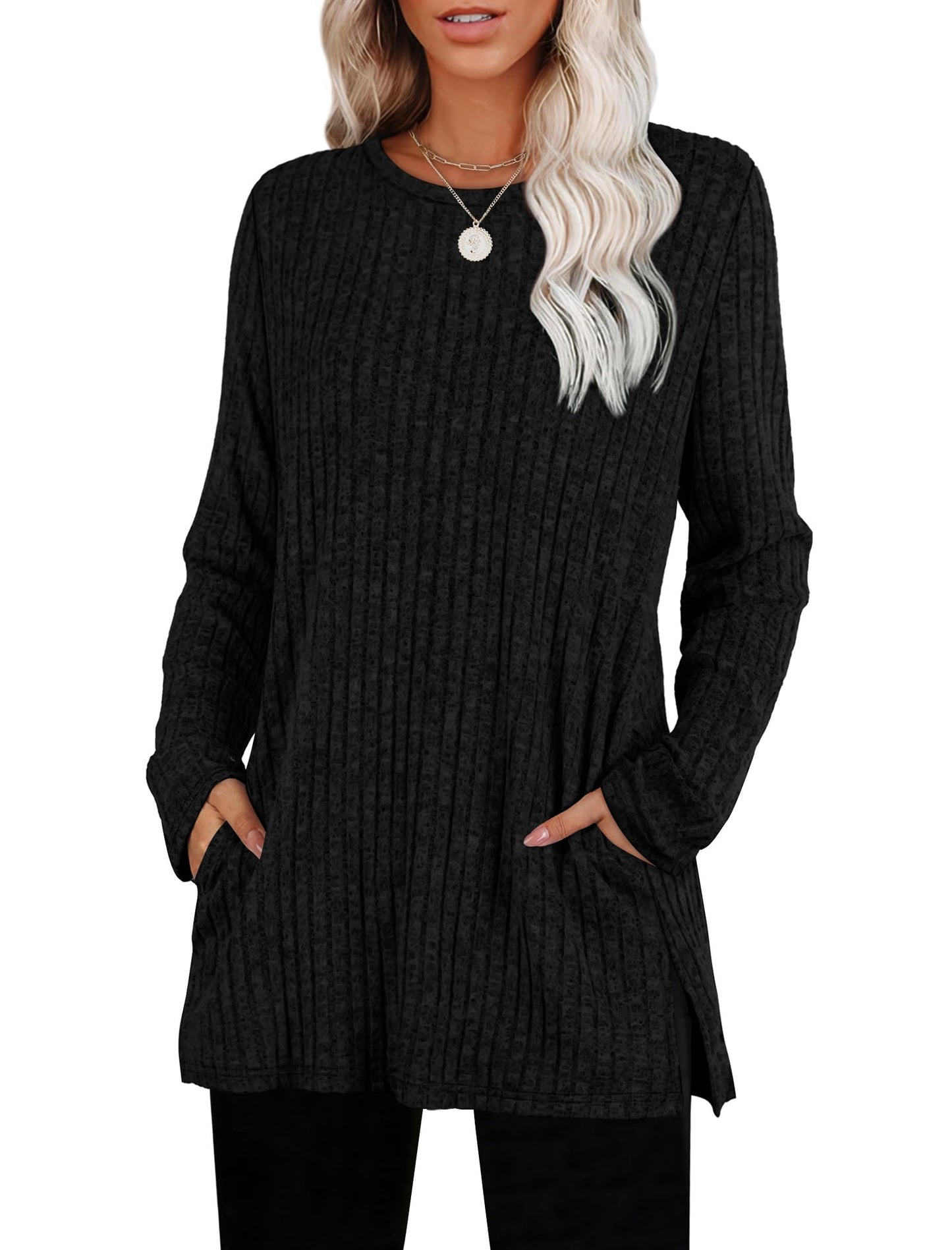 Women's Crewneck Sweater with Pockets - Long Sleeve Tunic Top with Side Slits Black