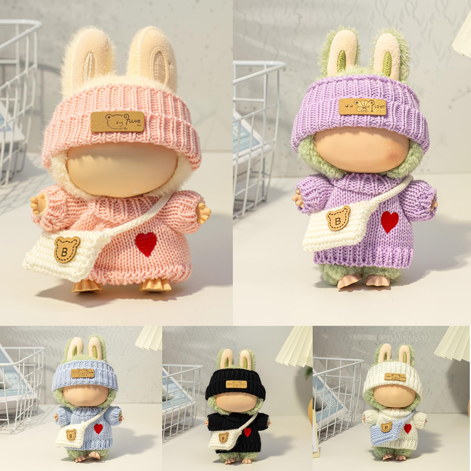 3 Piece Handmade Crochet Outfit for 17cm Dolls - Heart Sweater Hat & Bag Set