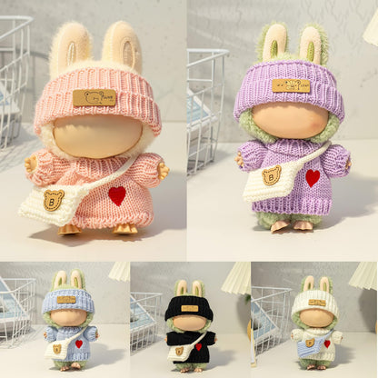 3 Piece Handmade Crochet Outfit for 17cm Dolls - Heart Sweater Hat & Bag Set