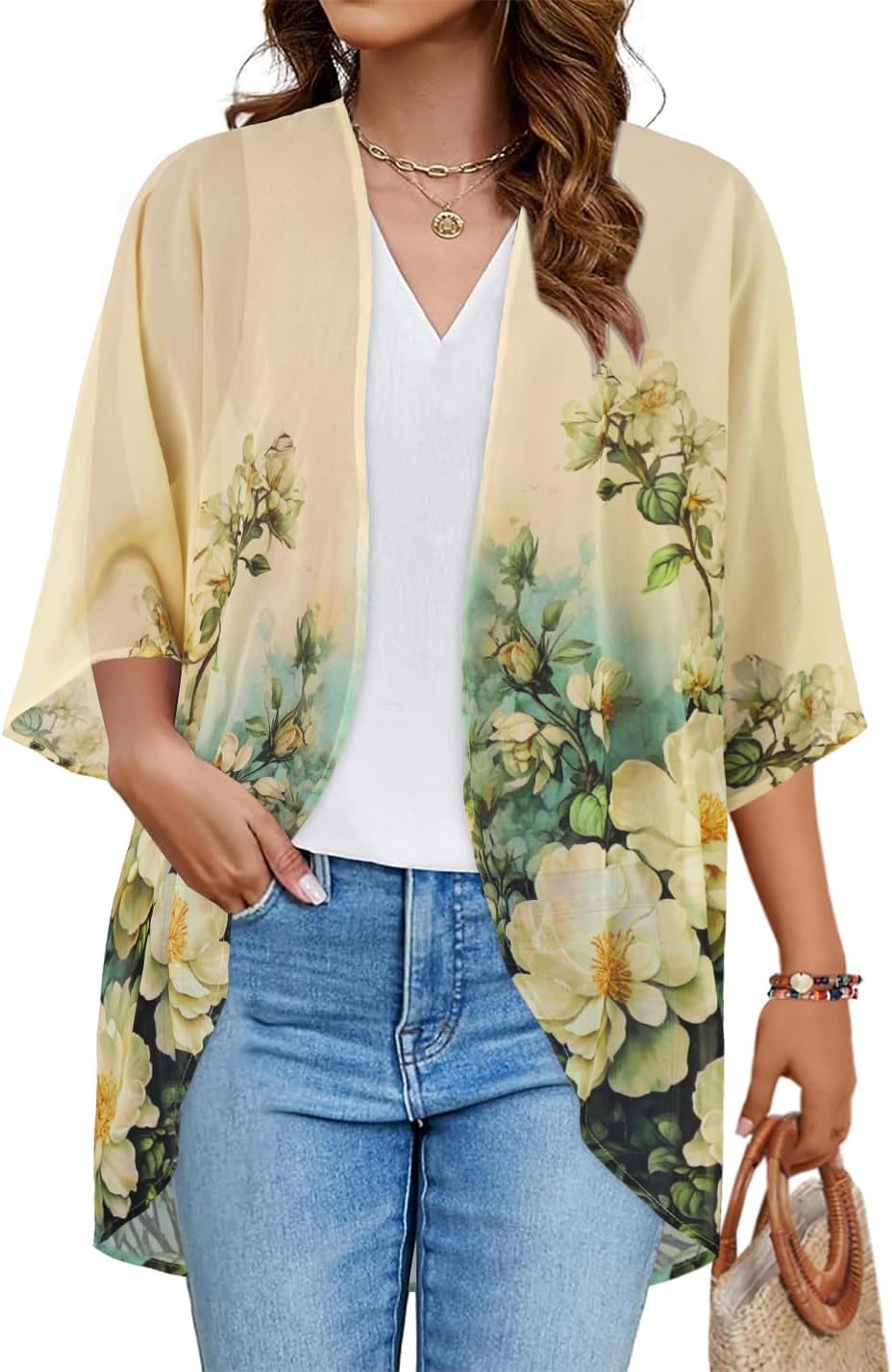 Floral Print Kimono Cardigan Women Puff Sleeve Cover Up Casual Blouse Loose Top