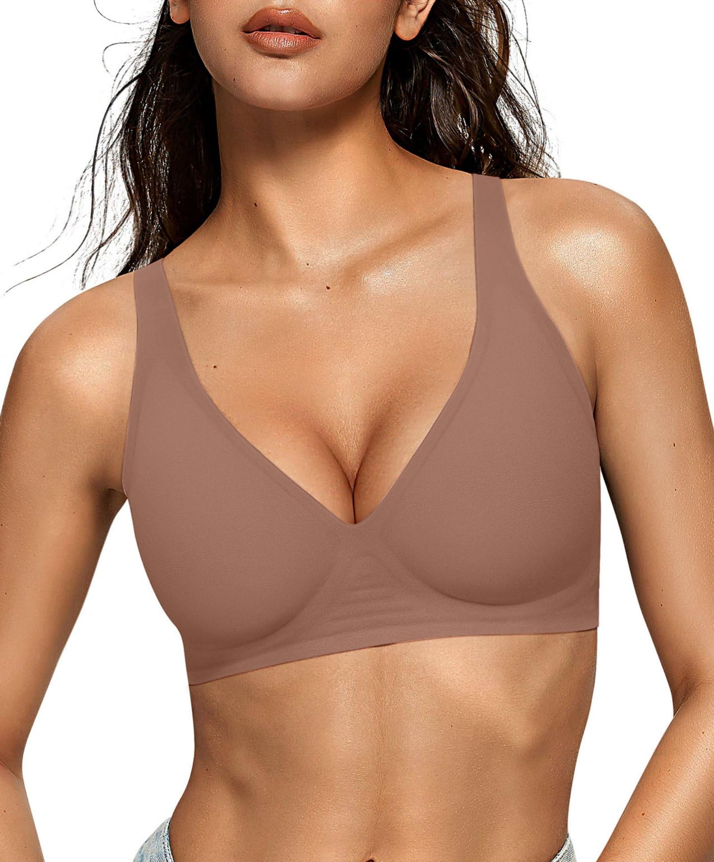 Wireless Deep V Bra Comfortable Supportive Push Up Bralette No Underwire T-Shirt Bra Coffee