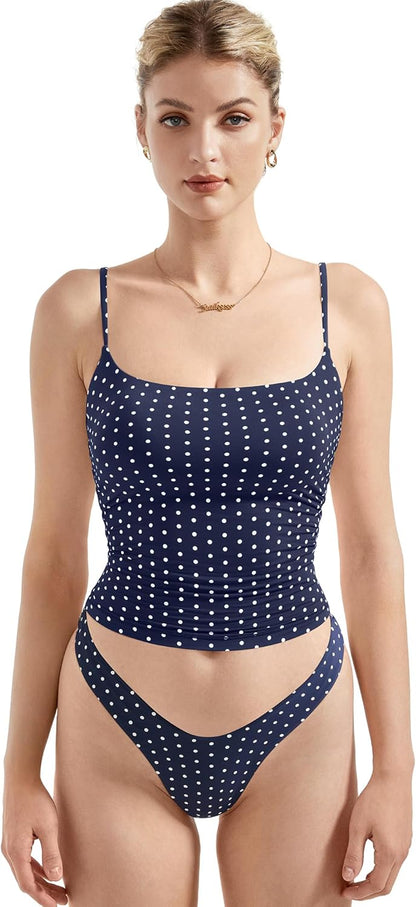Women Square Neck Tank Top - Summer Cami with Adjustable Straps Blue Polka Dots