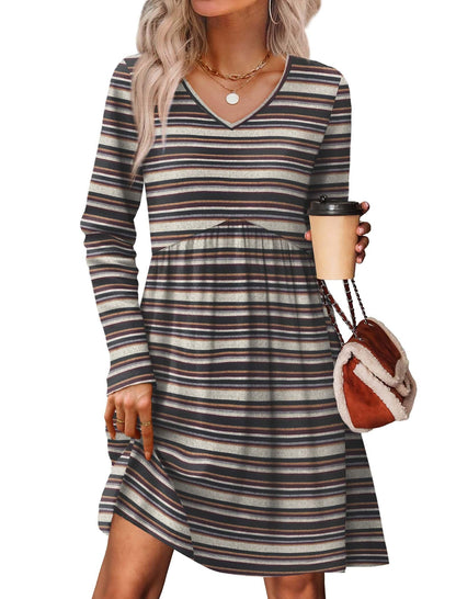 Women's Long Sleeve Sweater Dress - V Neck Empire Waist Babydoll Dress with Pockets S-wine Red Stripe
