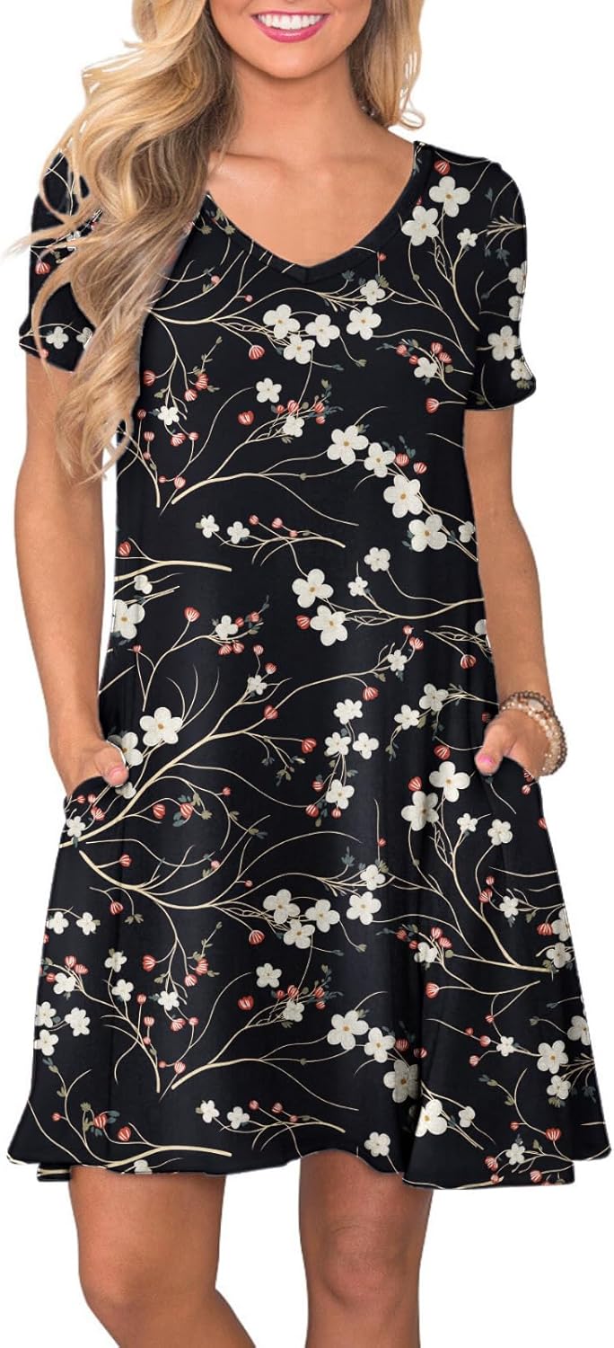 Women's Casual T-Shirt Dress Short Sleeve Summer Swing Dress with Pockets X-Large Plum Blossom Black