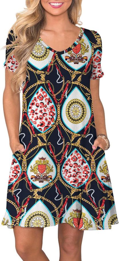 Women's Casual T-Shirt Dress Short Sleeve Summer Swing Dress with Pockets Medium Blue Chain Pink Leopard