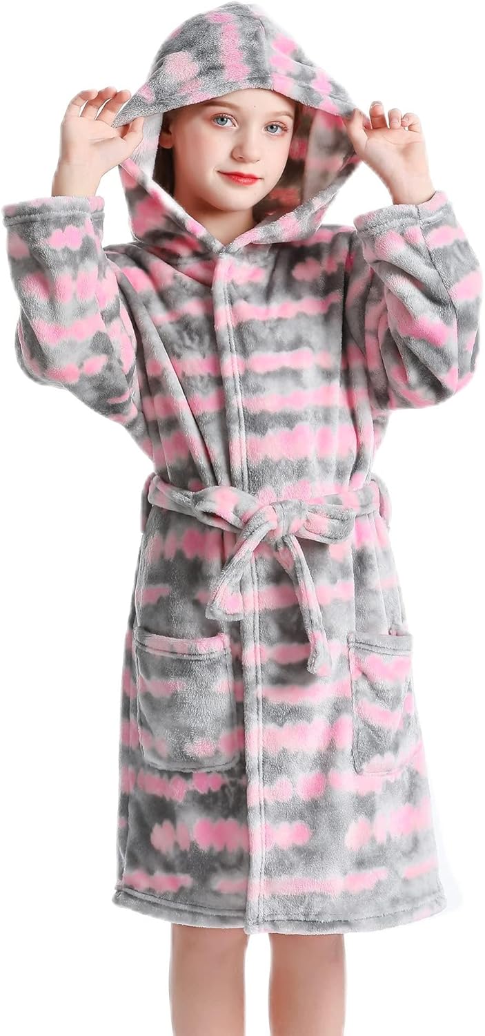 Girls Hooded Fleece Bathrobe - Soft Plush Warm Robe for Kids 3-14 Years Pink Tie Dye