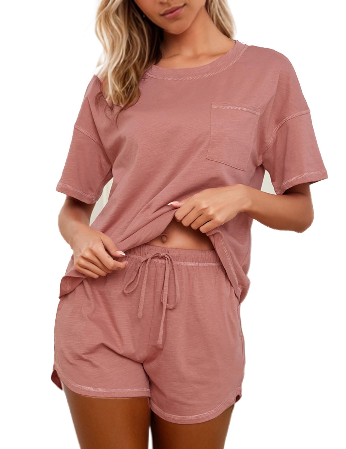 Women's Cotton Pajama Set - Short Sleeve Top and Shorts Sleepwear Lounge Set Dark Pink