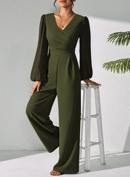 Pink Queen Jumpsuits for Women Dressy Patchwork Chiffon Sleeve V Neck Wide Leg Romper Holiday Party Outfits