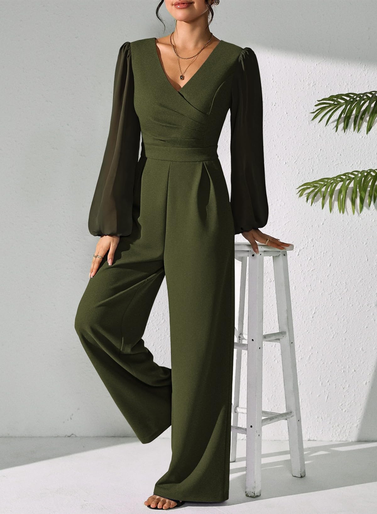 Pink Queen Jumpsuits for Women Dressy Patchwork Chiffon Sleeve V Neck Wide Leg Romper Holiday Party Outfits