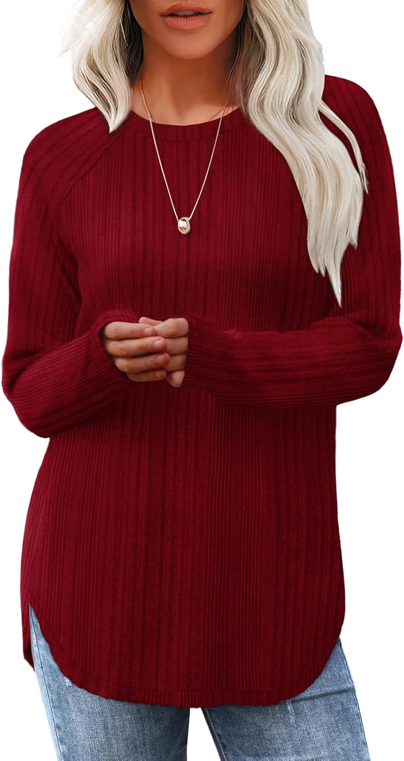 Long Sleeve Tunic Top for Women - Loose Fit Pullover with Curved Hem Burgundy Red